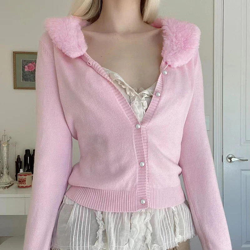 90s Aesthetic Fur Collar Button Up Cardigan