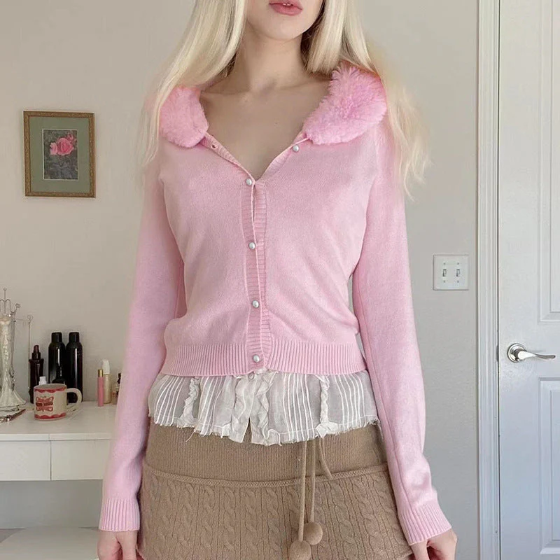 90s Aesthetic Fur Collar Button Up Cardigan - Image 2