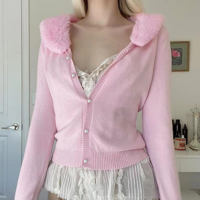 90s Aesthetic Fur Collar Button Up Cardigan - Image 6