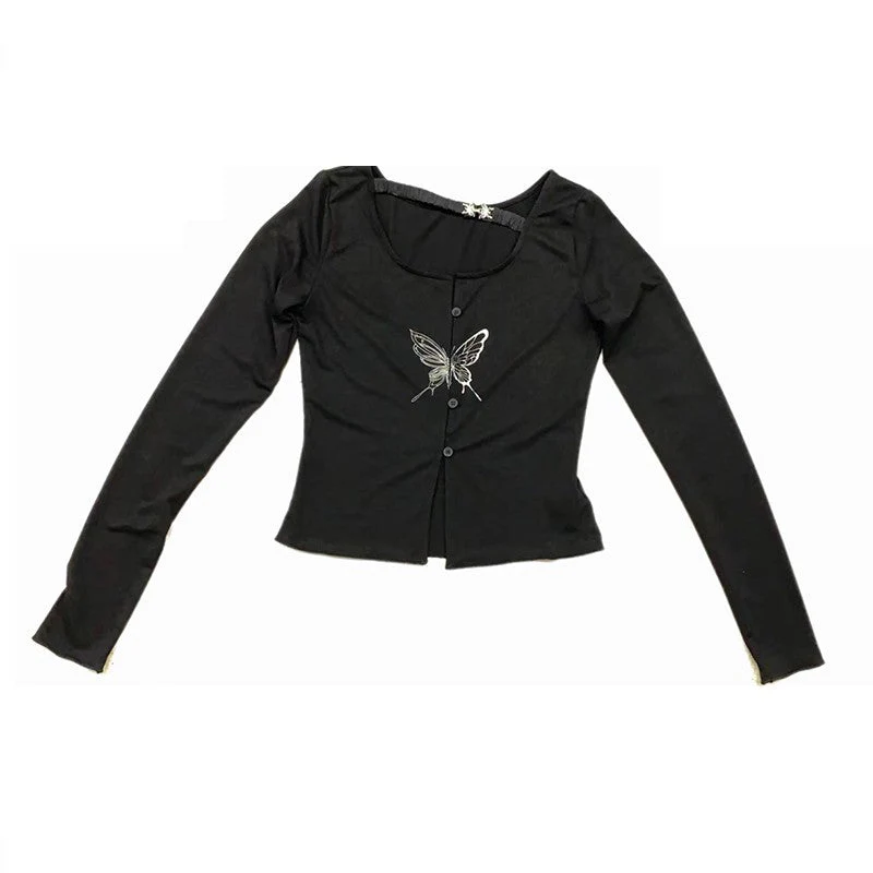Aesthetic Butterfly Print Button Crop Top - Image 6