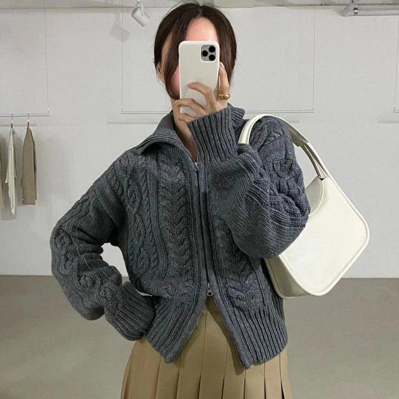 Aesthetic Cable Knit Zip Up Cardigan - Image 2