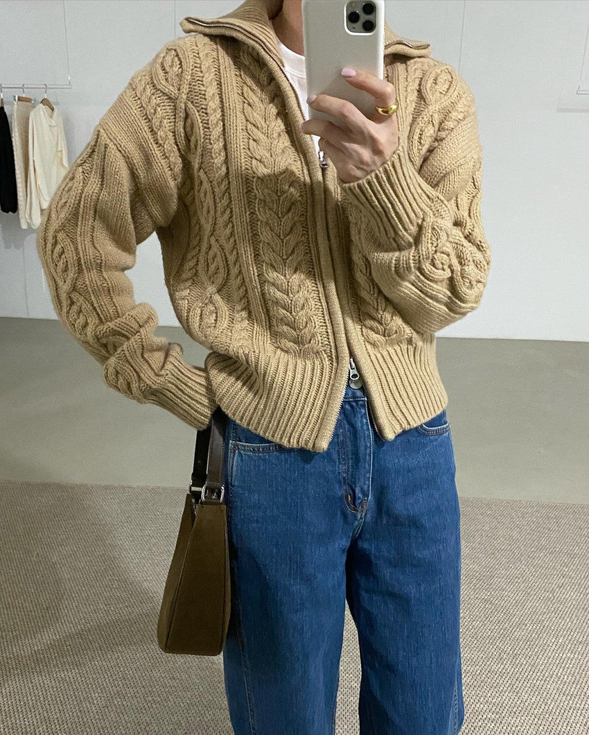 Aesthetic Cable Knit Zip Up Cardigan - Image 5