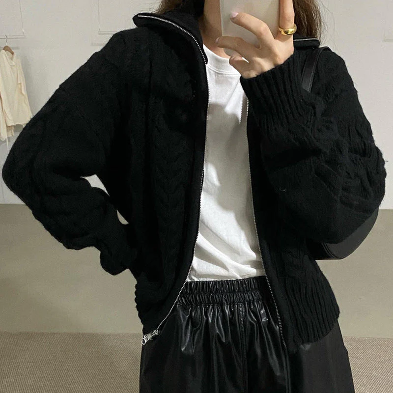 Aesthetic Cable Knit Zip Up Cardigan - Image 7