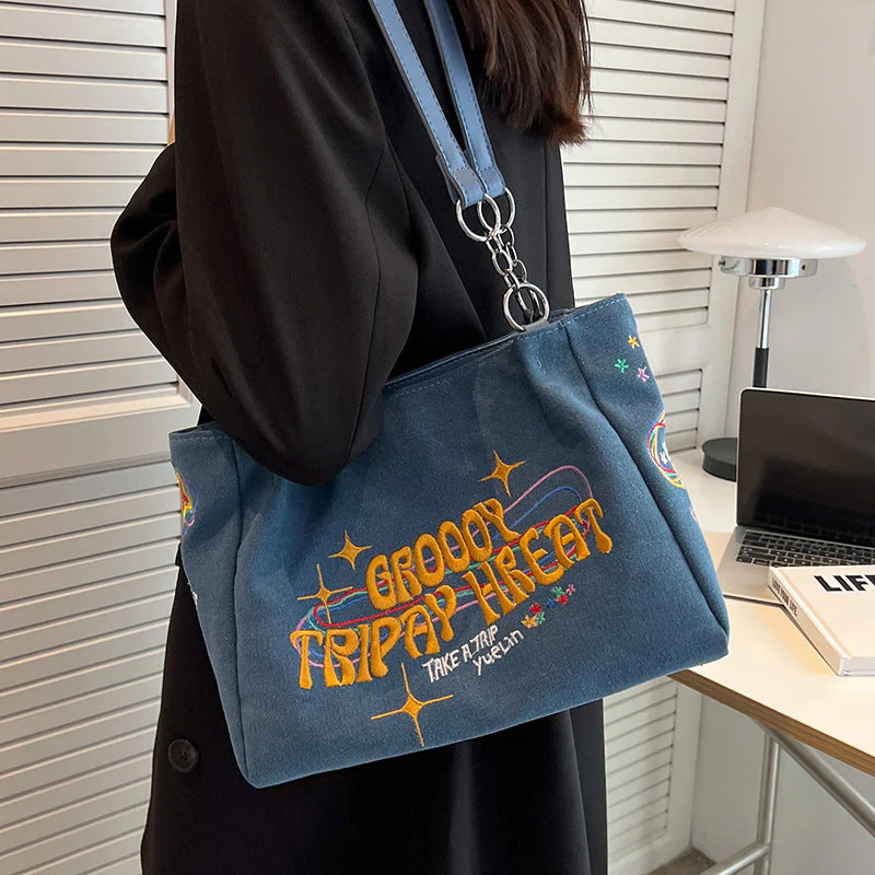 Aesthetic Large Canvas Embroidered Shoulder Bag - Image 3