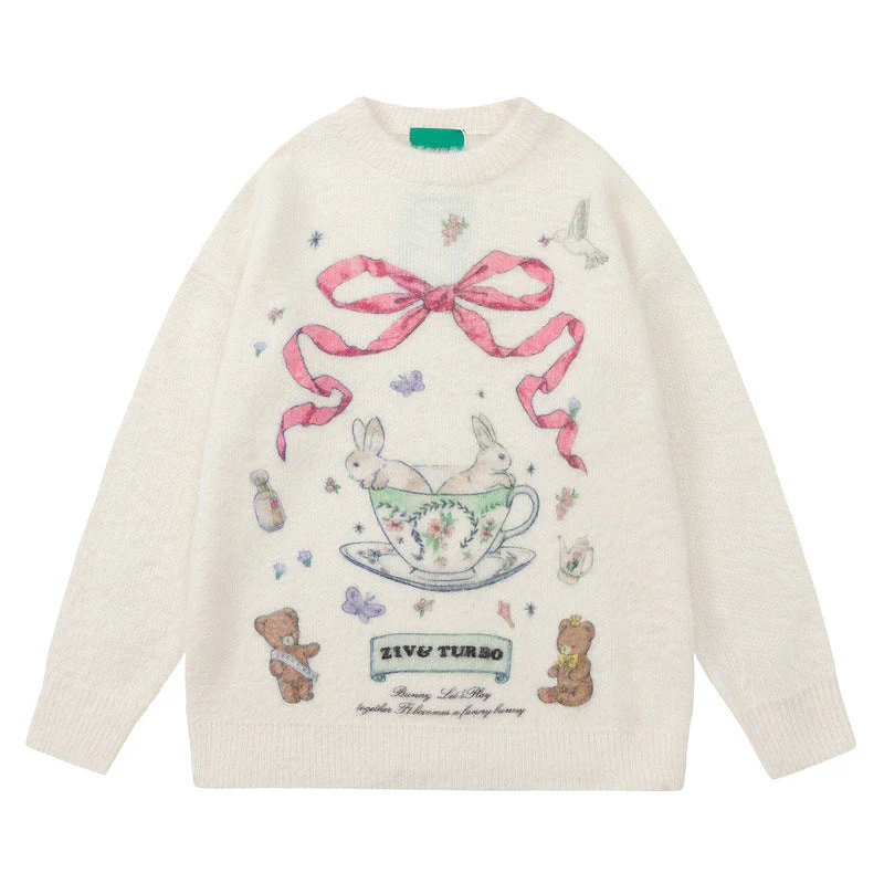 Aesthetic Rabbit Print Oversized Sweater - Image 4