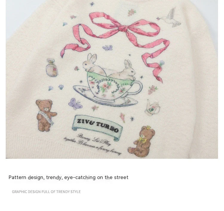 Aesthetic Rabbit Print Oversized Sweater - Image 7