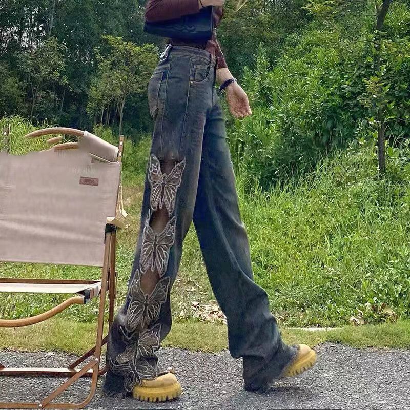 Aesthetic Side Butterflies Patchwork Jeans - Image 7