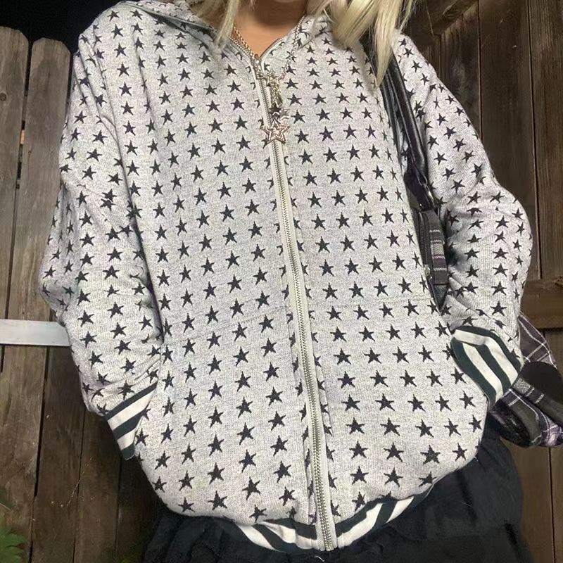 Allover Star Print Zip Up Downtown Hoodie - Image 2