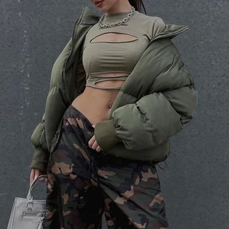 Army Green Zip Up Puffer Jacket - Image 6