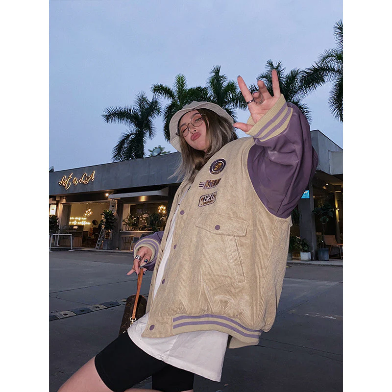 Badge Patch Corduroy Varsity Jacket - Image 4