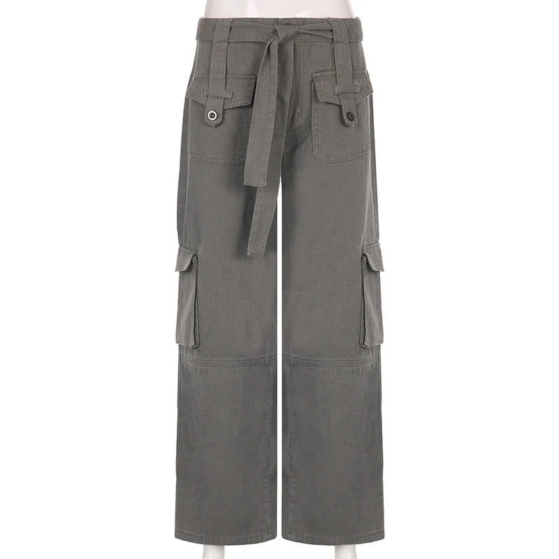 Belted Baggy Denim Cargo Jeans - Image 9