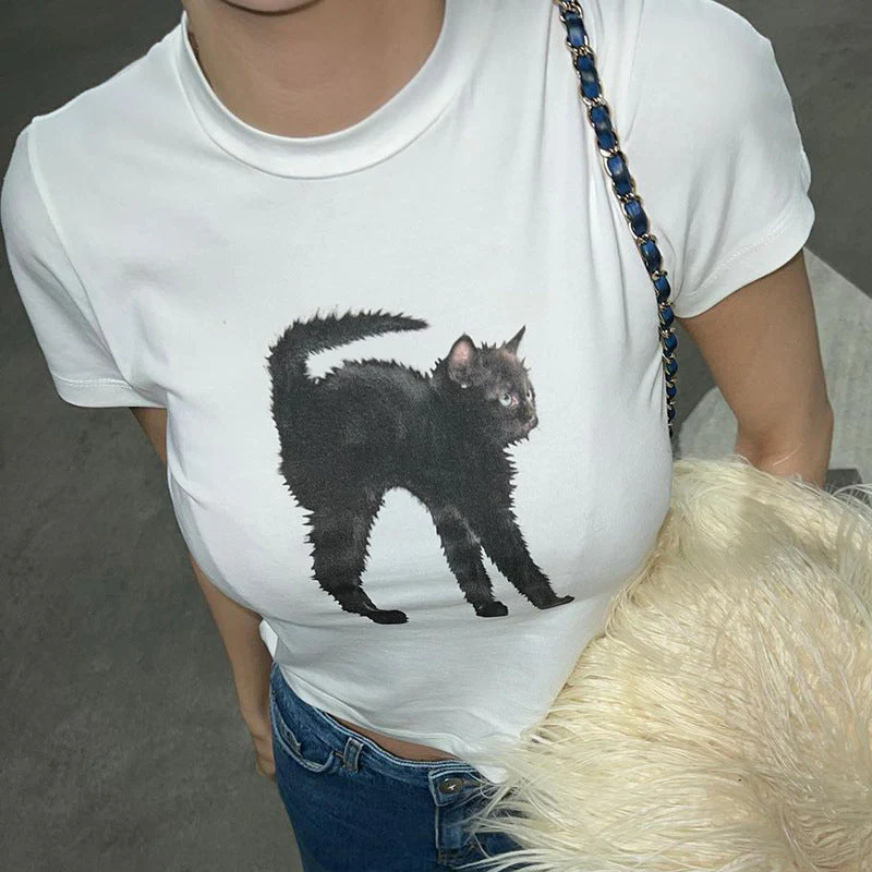 Black Cat Printed Crop Top - Image 2