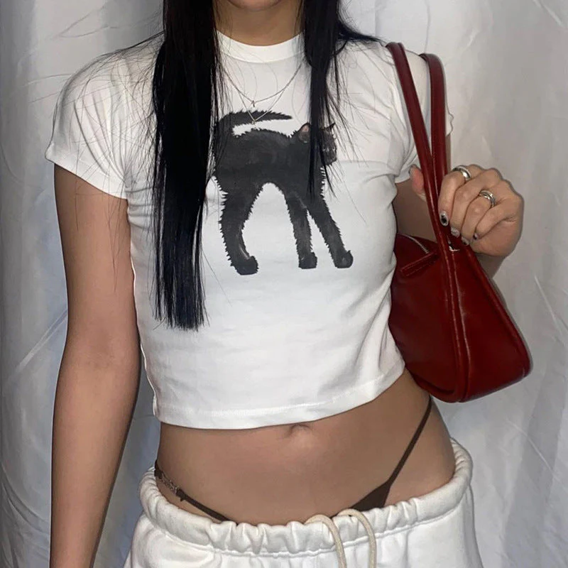 Black Cat Printed Crop Top - Image 4