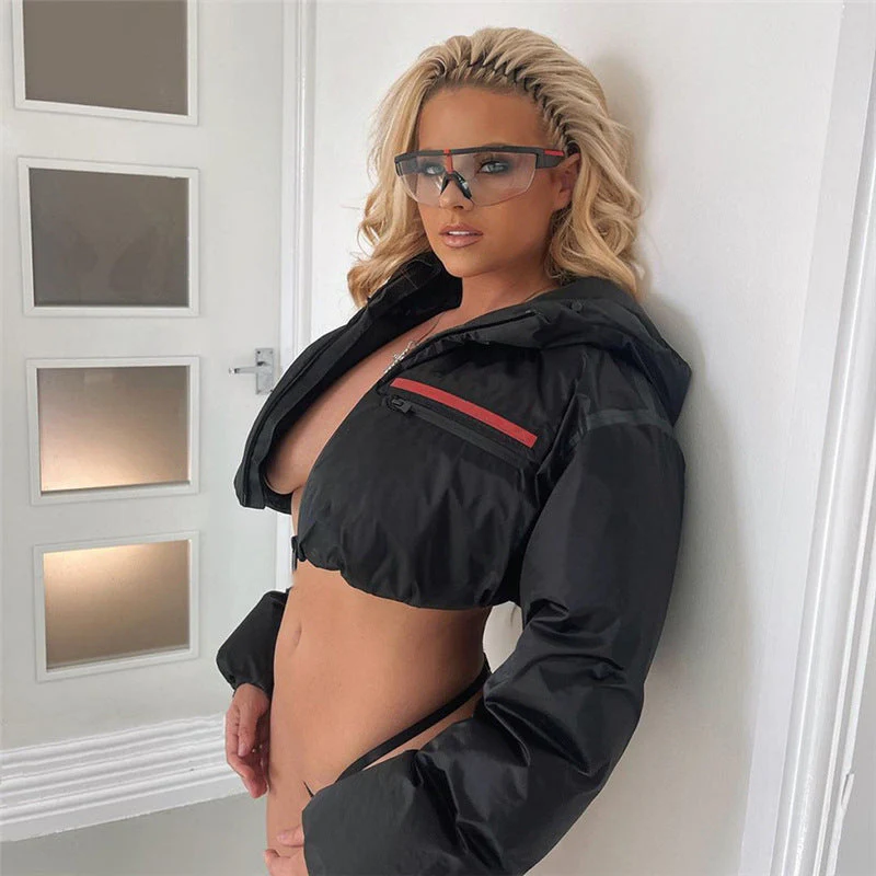 Black Hooded Cropped Puffer Jacket - Image 3