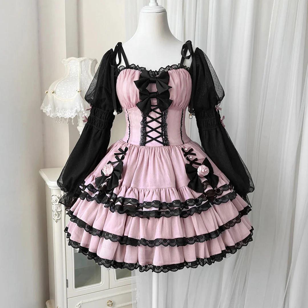 Black Lace Bow Rose Flower Dress - Image 2