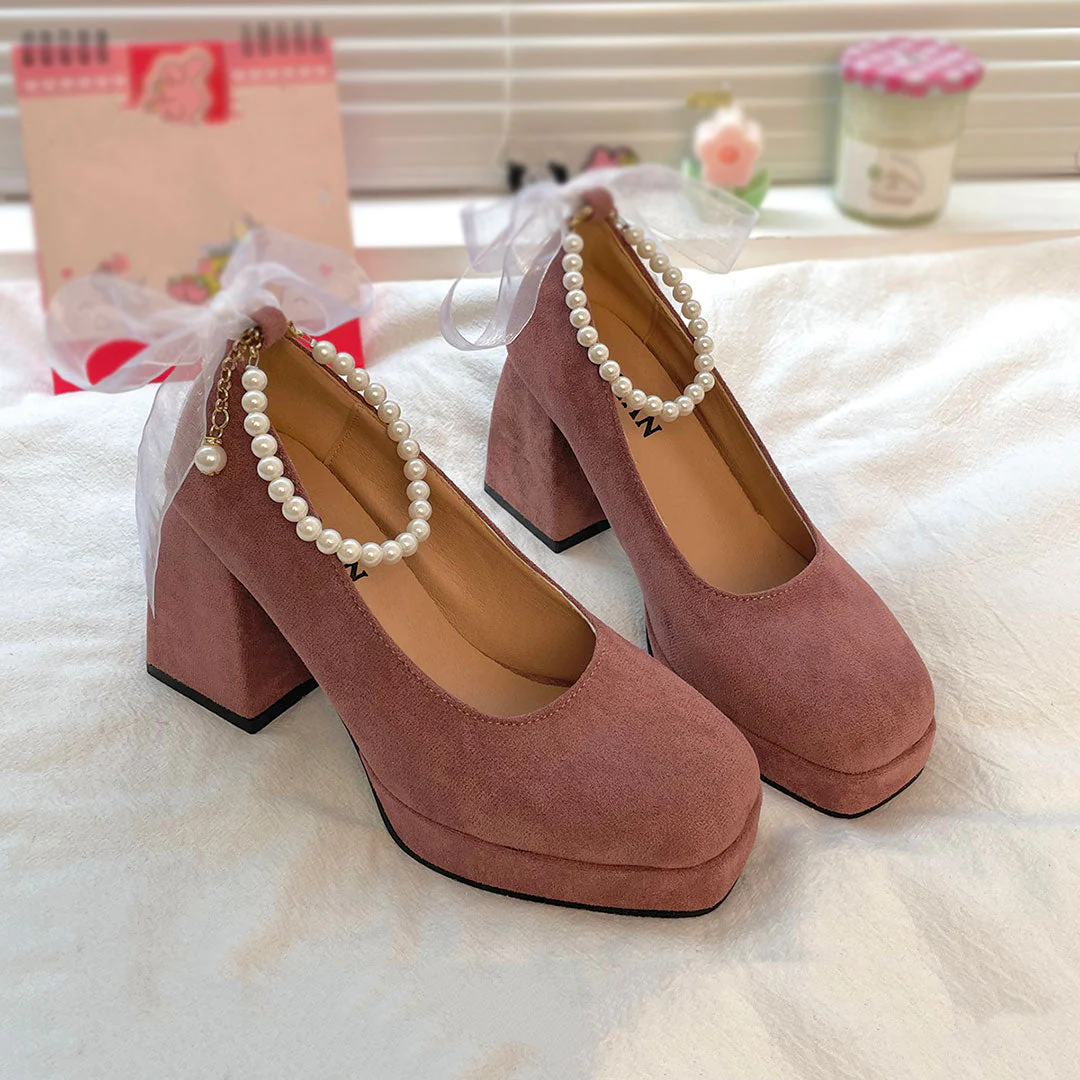 Bow Beaded Chunky Heels Shoes - Image 2
