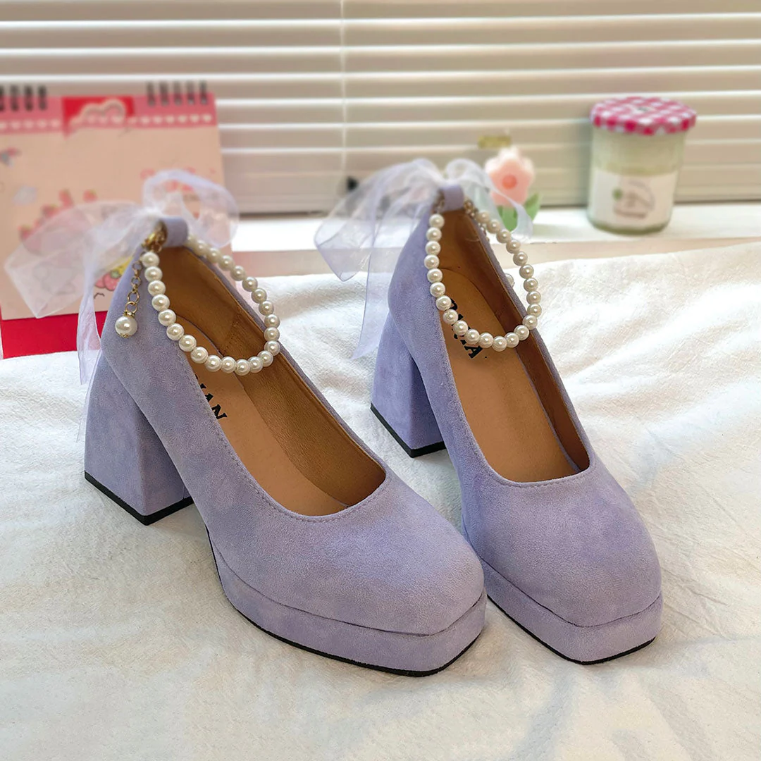 Bow Beaded Chunky Heels Shoes - Image 3
