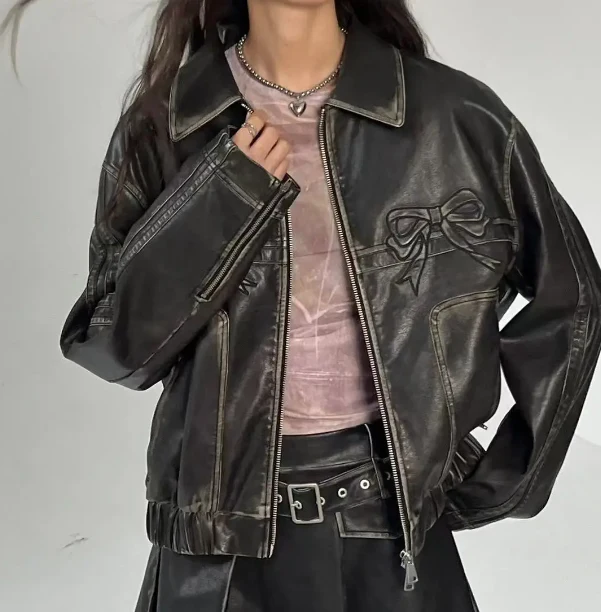Bow Embroidery Piping Details Leather Jacket - Image 2