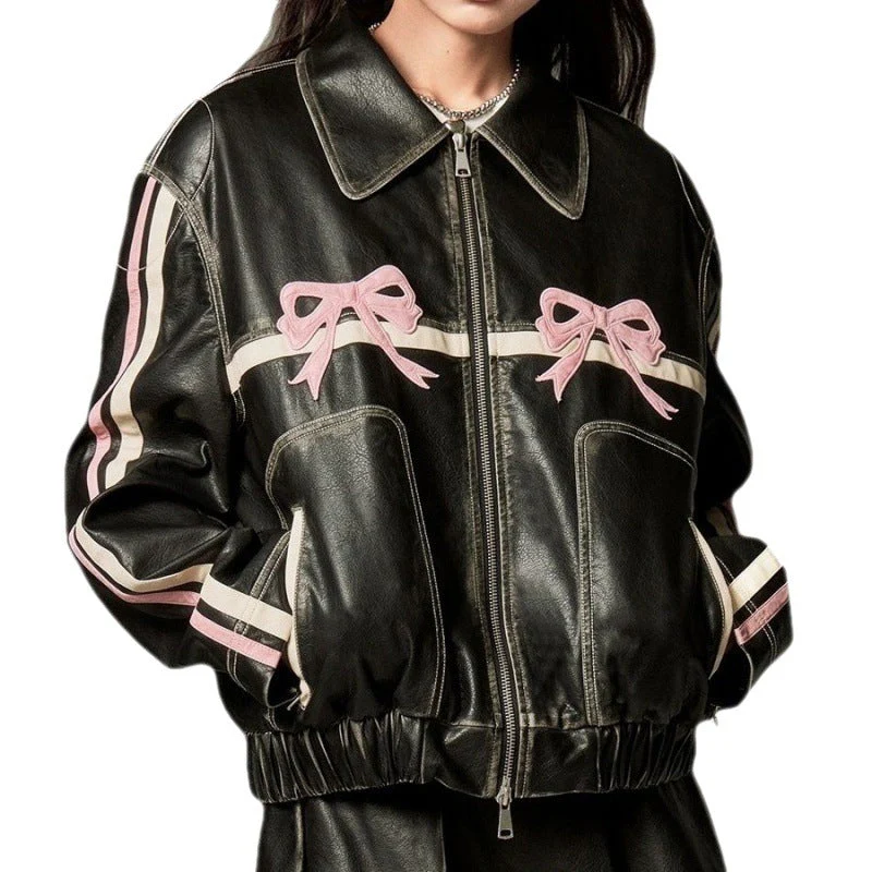 Bow Embroidery Piping Details Leather Jacket - Image 7