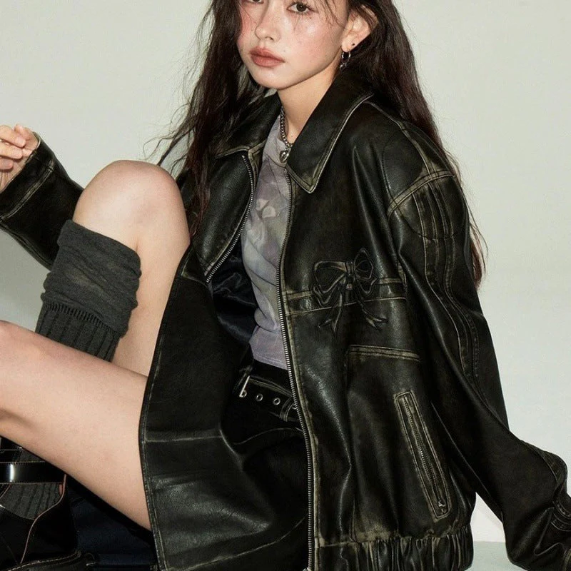 Bow Embroidery Piping Details Leather Jacket - Image 8