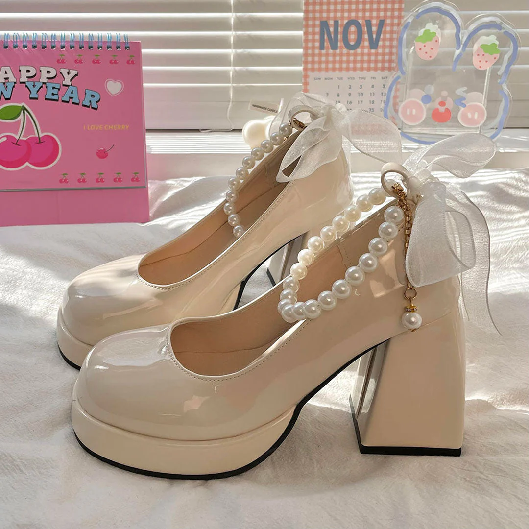 Bow Green Chunky Heels Shoes - Image 3