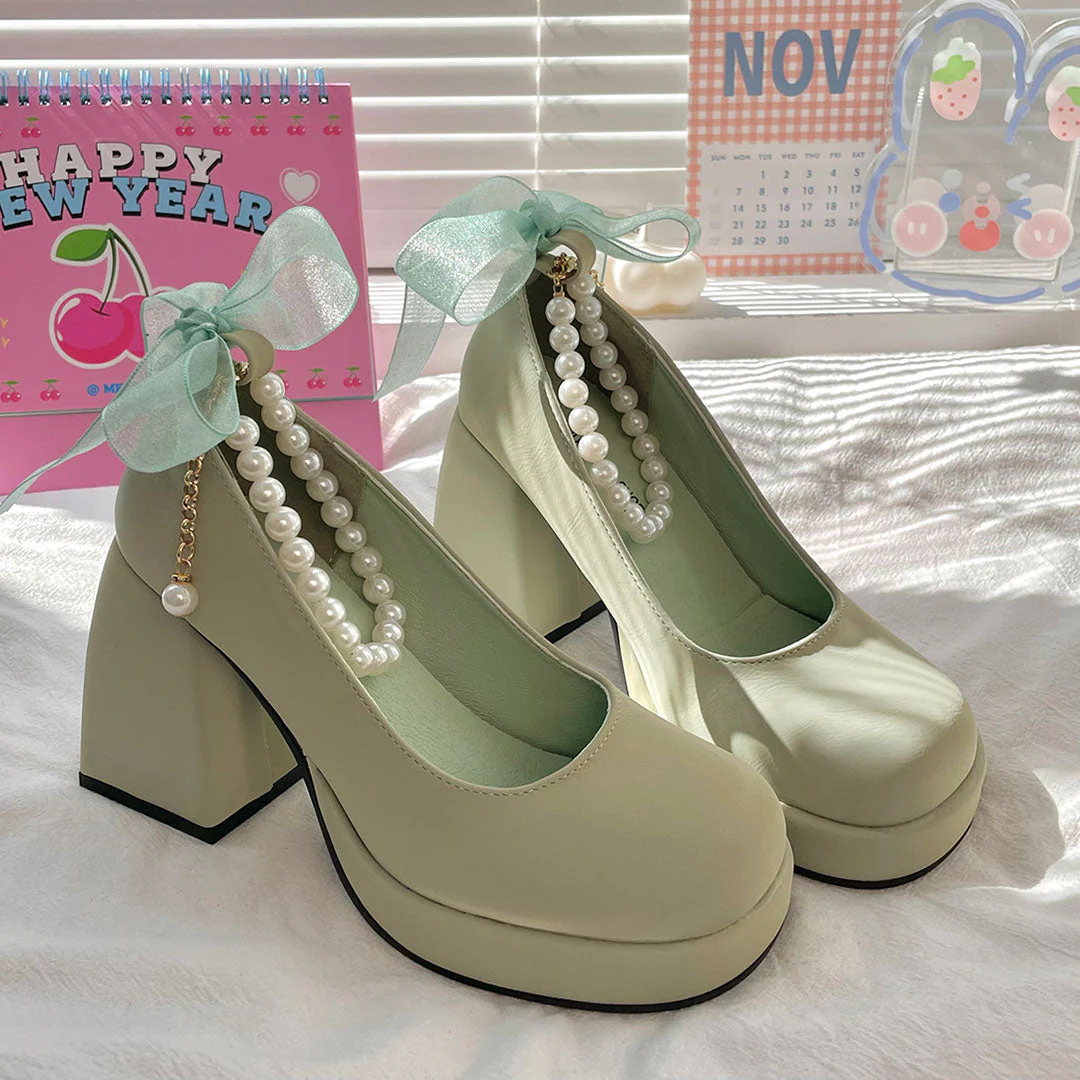 Bow Green Chunky Heels Shoes - Image 5