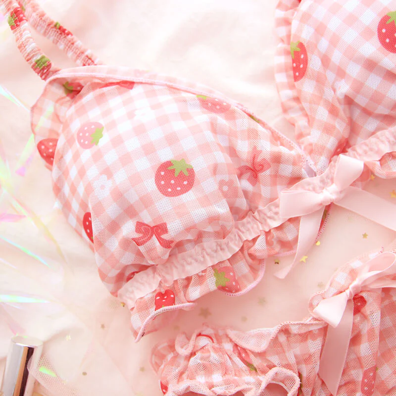 Bow Strawberry Grid Lingerie Set