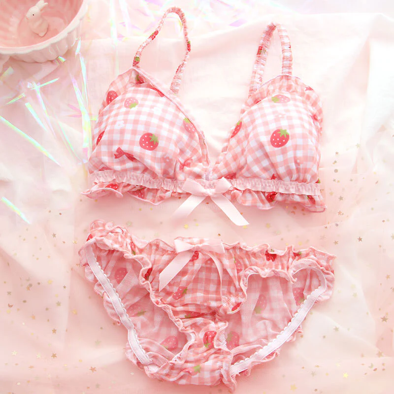 Bow Strawberry Grid Lingerie Set - Image 3