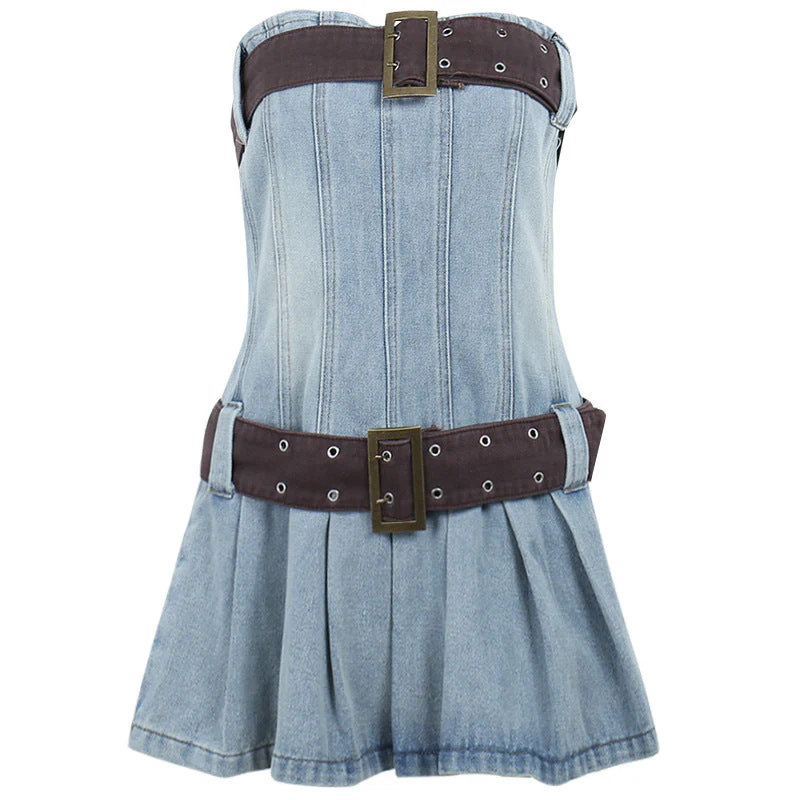 Buckle Belt Strapless Denim Mini Dress - Image 10