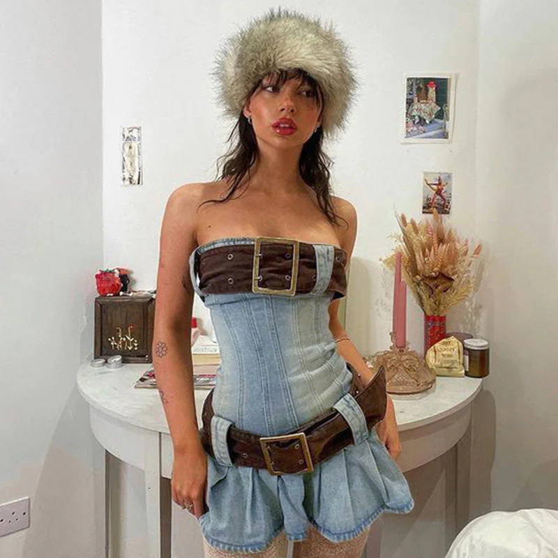 Buckle Belt Strapless Denim Mini Dress - Image 12