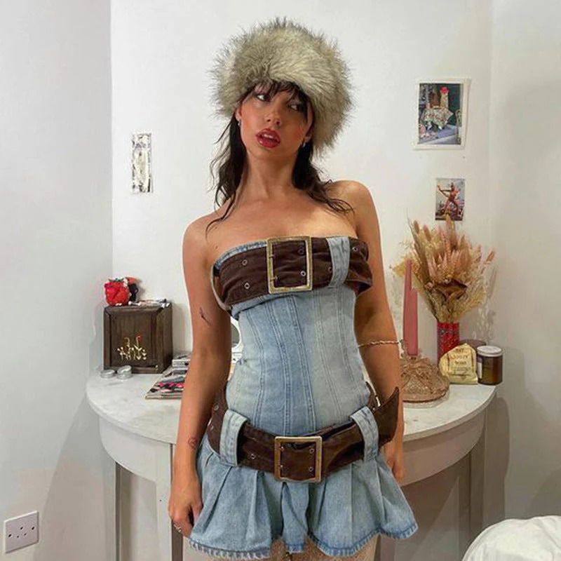 Buckle Belt Strapless Denim Mini Dress - Image 7