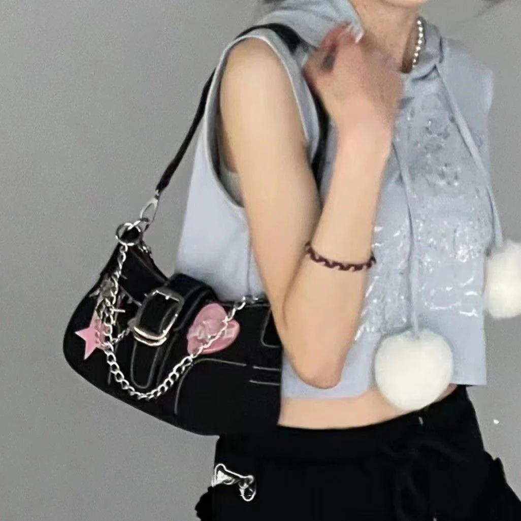 Butterfly Chain Detail Star Buckled Denim Shoulder Bag - Image 2