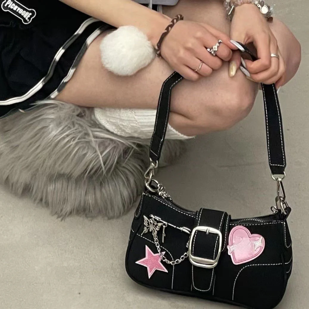 Butterfly Chain Detail Star Buckled Denim Shoulder Bag - Image 4