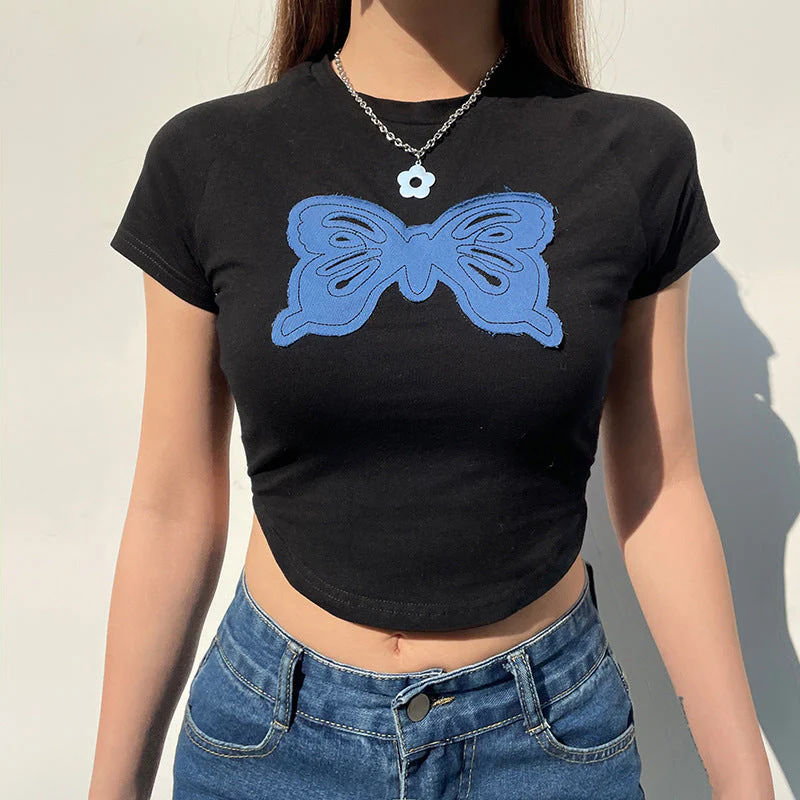 Butterfly Patch Black Crop Top - Image 2