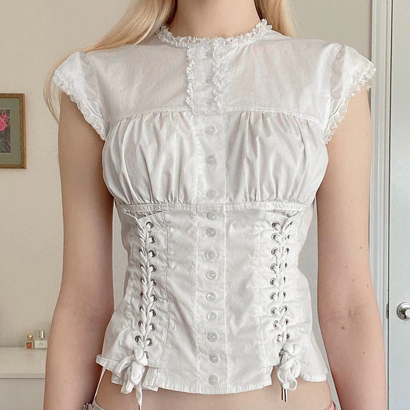 Button Down Broidered Lace Crop Blouse - Image 3