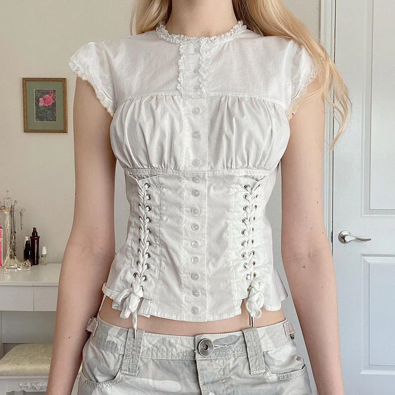 Button Down Broidered Lace Crop Blouse - Image 4