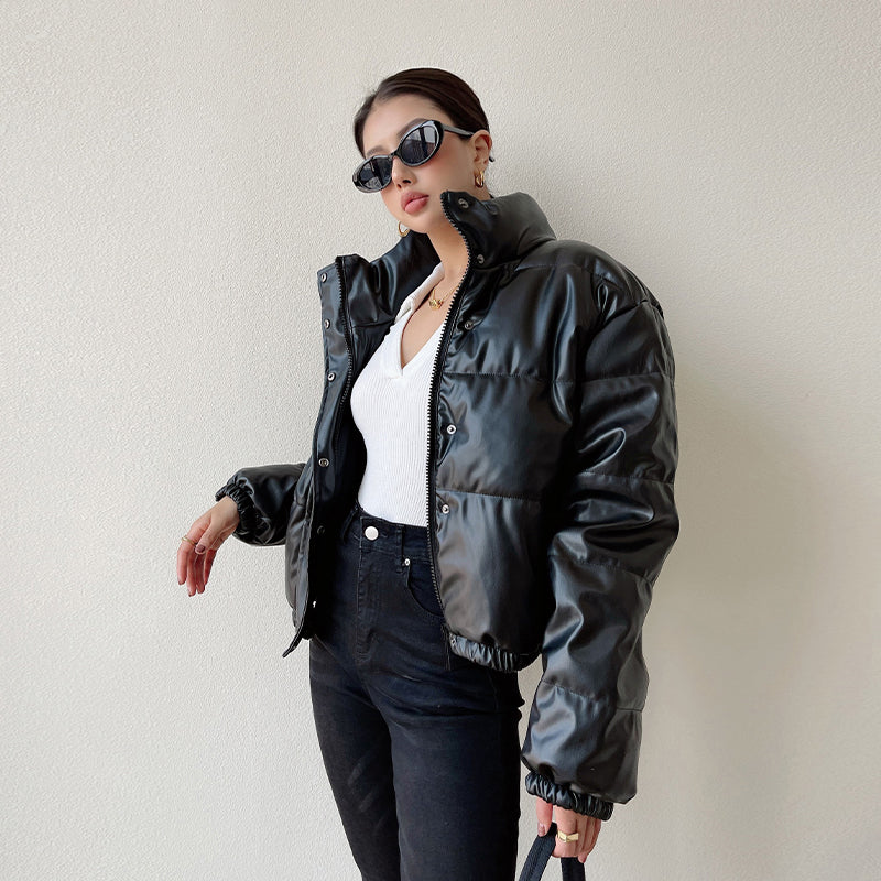 Button Down Pu Leather Puffer Jacket - Image 4