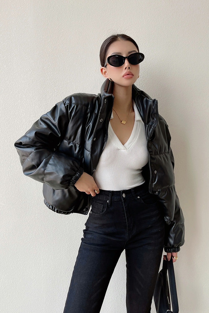 Button Down Pu Leather Puffer Jacket - Image 8