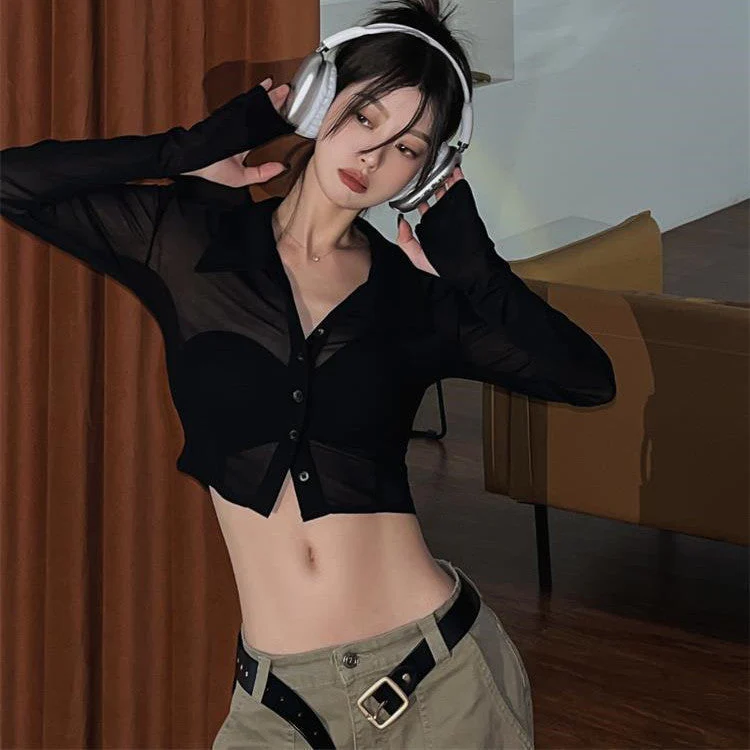 Button Front Cropped Sheer Long Sleeve Blouse - Image 2