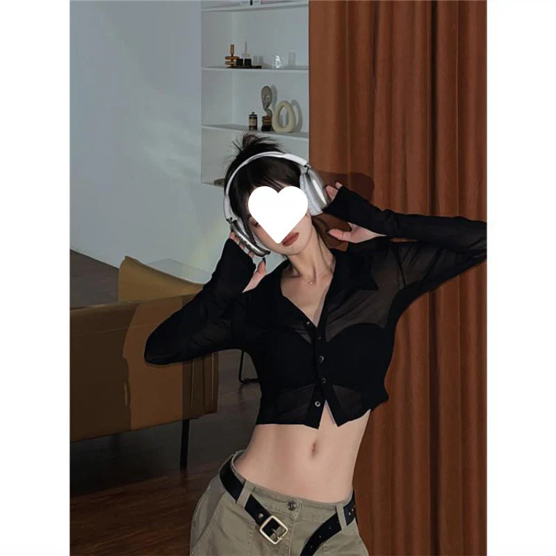 Button Front Cropped Sheer Long Sleeve Blouse - Image 3