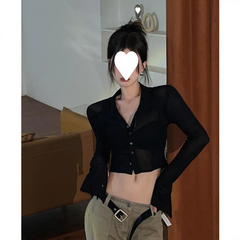 Button Front Cropped Sheer Long Sleeve Blouse - Image 6