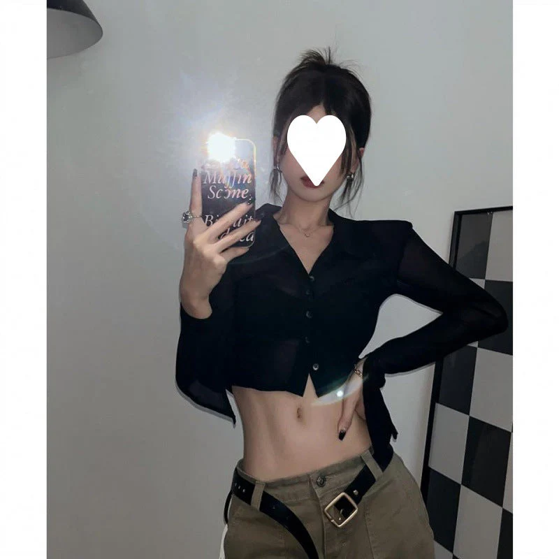 Button Front Cropped Sheer Long Sleeve Blouse - Image 7