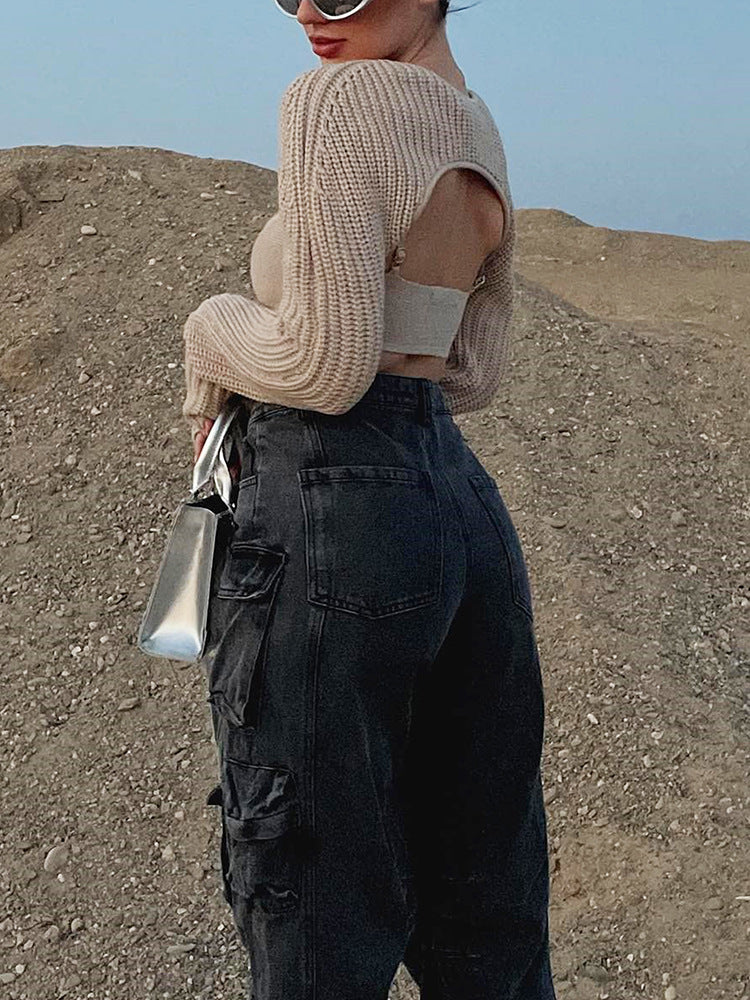 Buttoned Black Straight Leg Cargo Jeans - Image 6