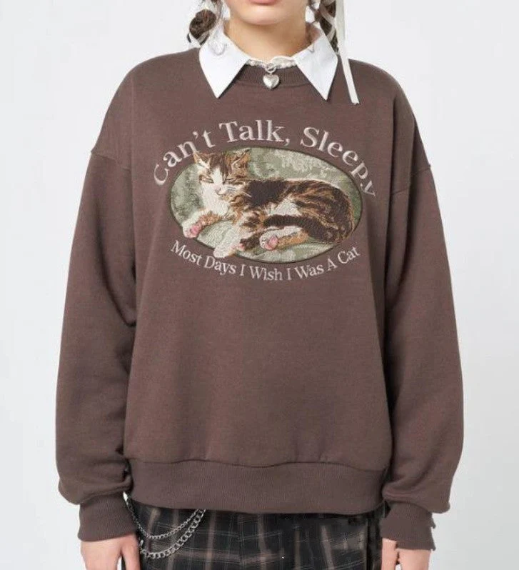 Can't Talk Cat Print Sweatshirt - Image 2