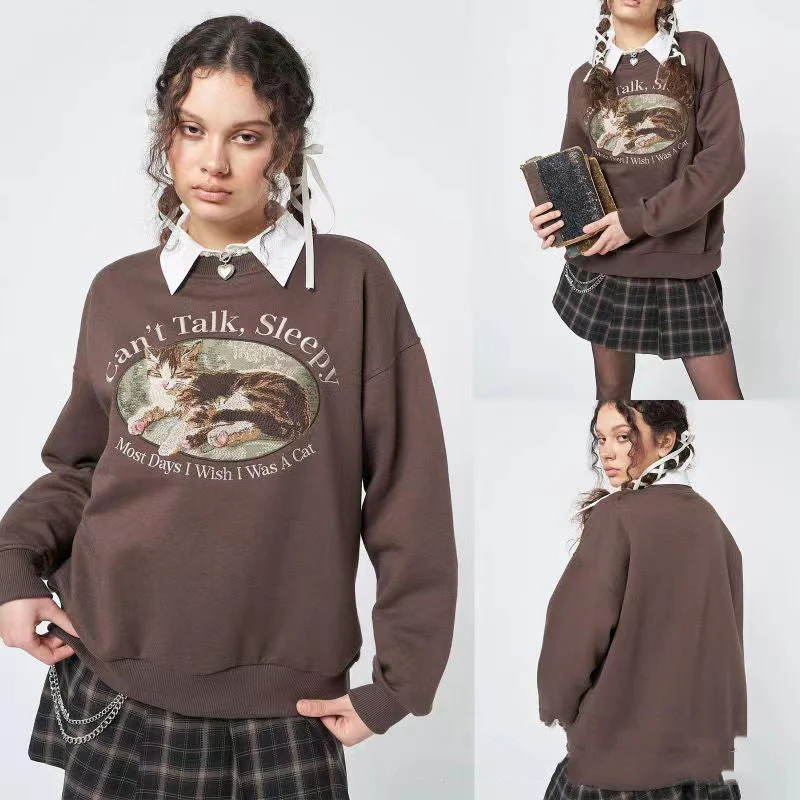 Can't Talk Cat Print Sweatshirt - Image 3