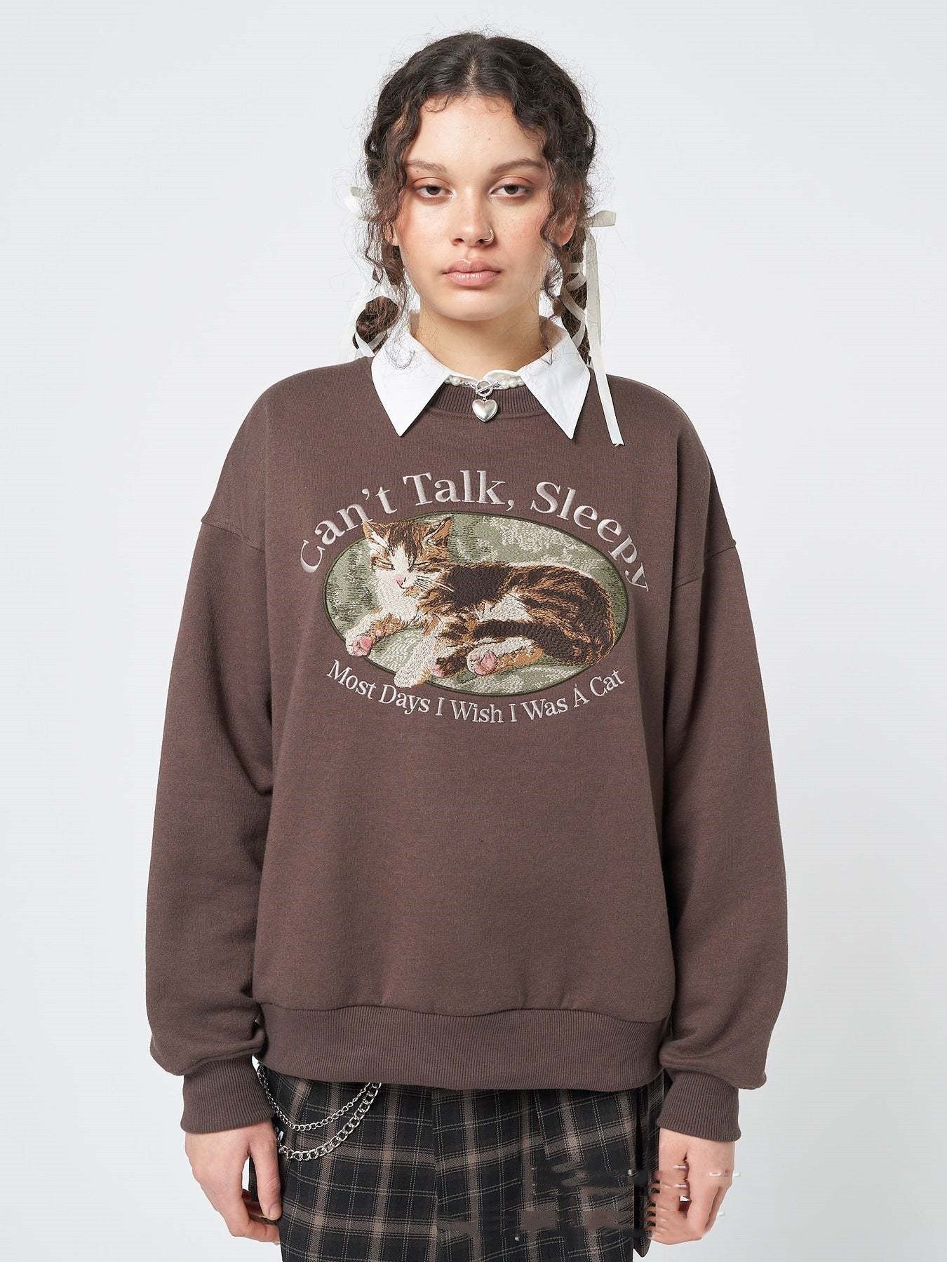 Can't Talk Cat Print Sweatshirt - Image 4