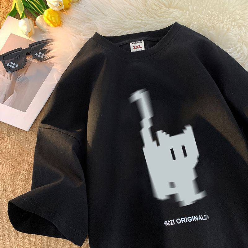 Cartoon Cat Print Oversized Short Sleeve Tee - Image 2