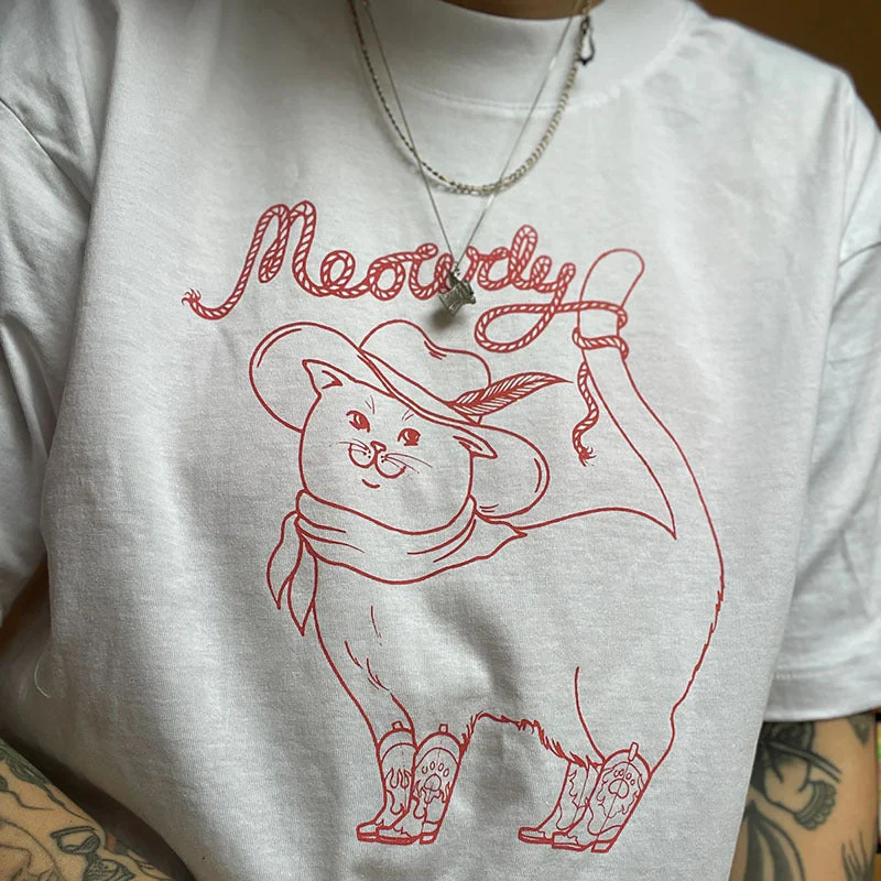 Cartoon Cowboy Cat Print Oversized T-shirt - Image 8