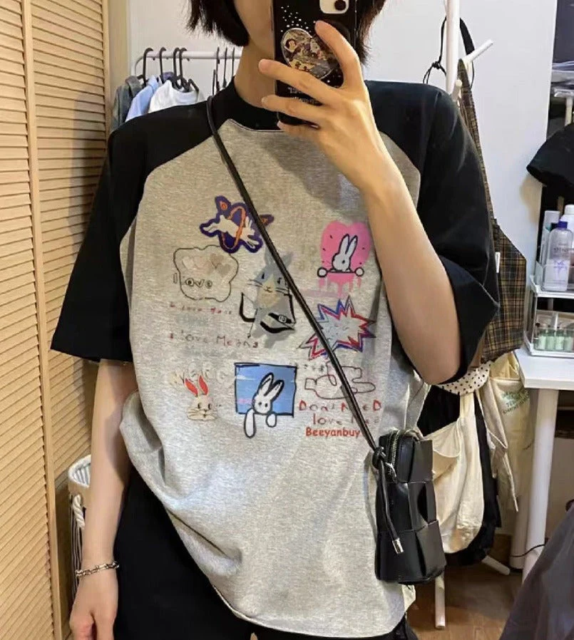 Cartoon Print Raglan Short Sleeve Tee - Image 5