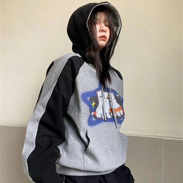 Cat Print Waffle Raglan Hoodie - Image 2